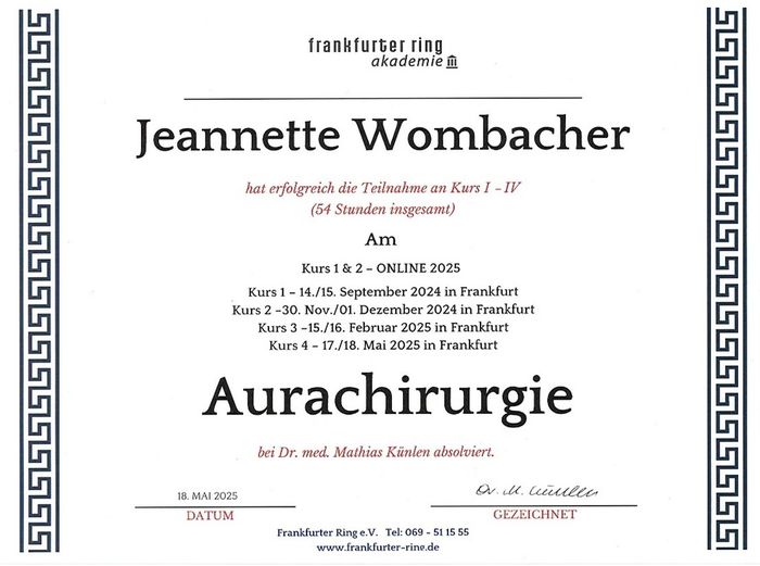 Zertifikat Aurachirurgie – Dr. Mathias Künlen